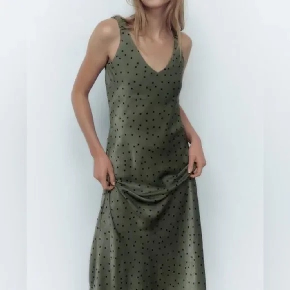 Zara green polka dot maxi slip dress